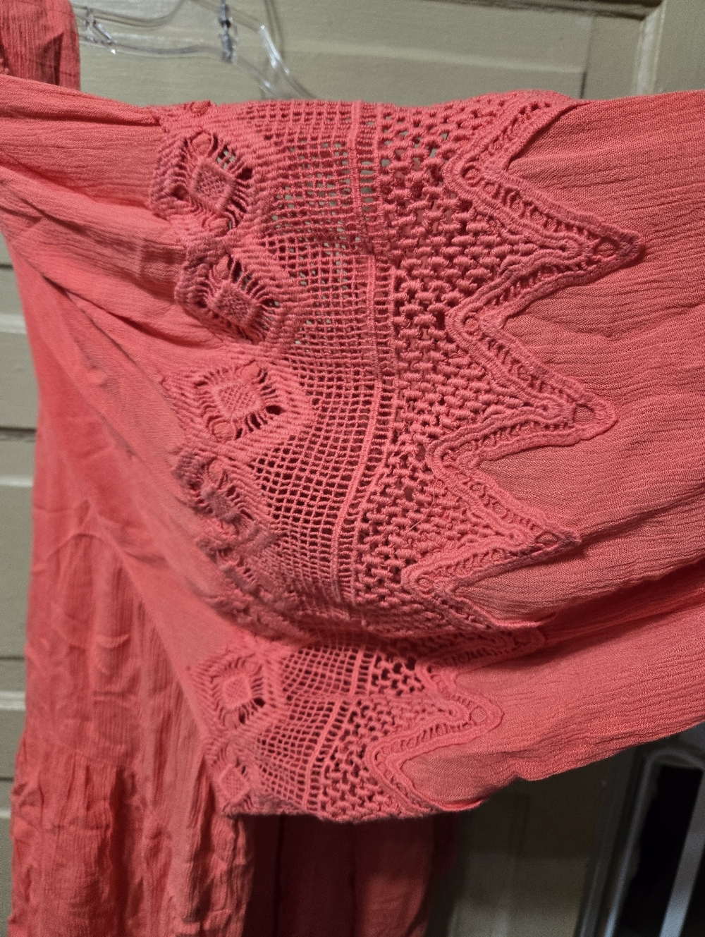 Roaman's Boho Coral Pink Crochet Arm Square Neck Blouse Size: 32W Plus Size - Picture 4 of 6